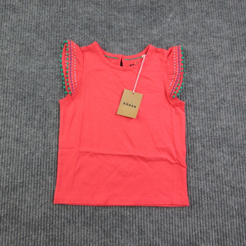Mini Boden Tank Girls 5-6 Years Red Cotton Embroidered Pom Trim Button NWT